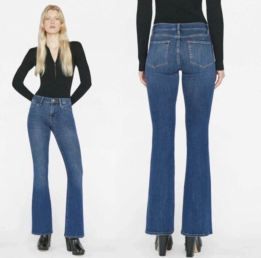 FRAME Le High Flare Dublin Blue Jeans 28 High Rise Stretch Denim Retro Boho $238